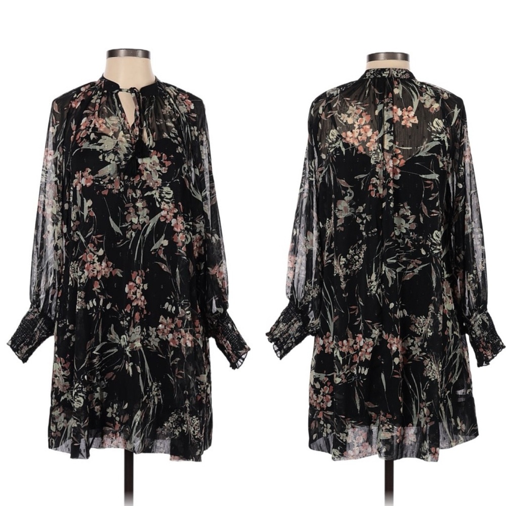 BTFL-life Womens Dress Size Small Black Floral Sheer Keyhole Boho Prairie